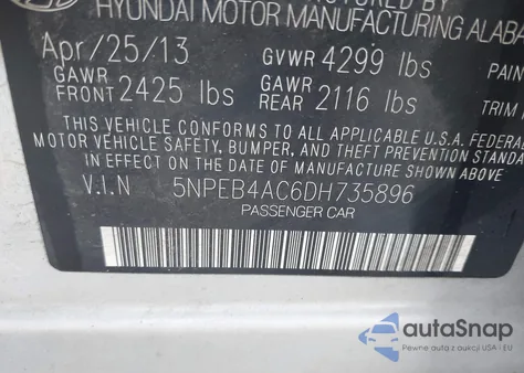 2013 Hyundai Sonata Gls z USA, uszkodzony, nr VIN 5NPEB4AC6DH735896